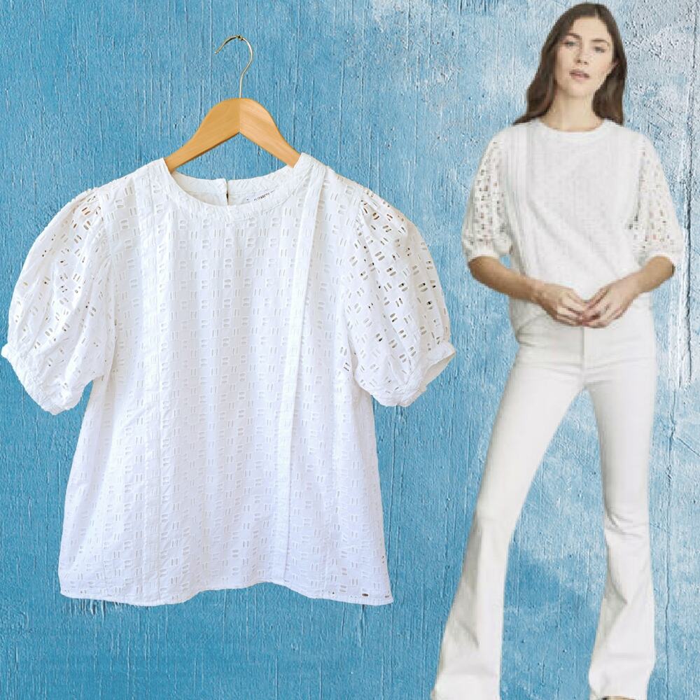 Elizabeth and James White Eyelet Top Puff Sleeve Size Medium